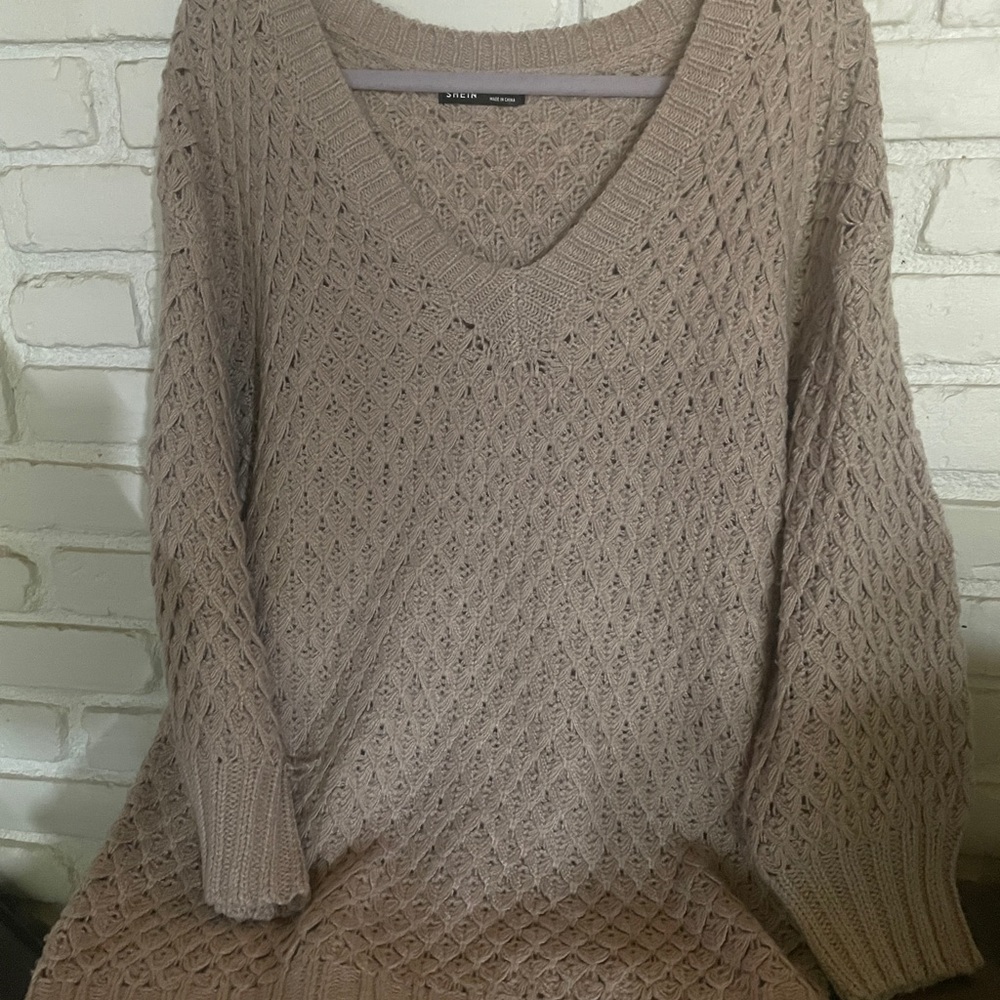 Tan V-Neck Sweater with Textured Knit